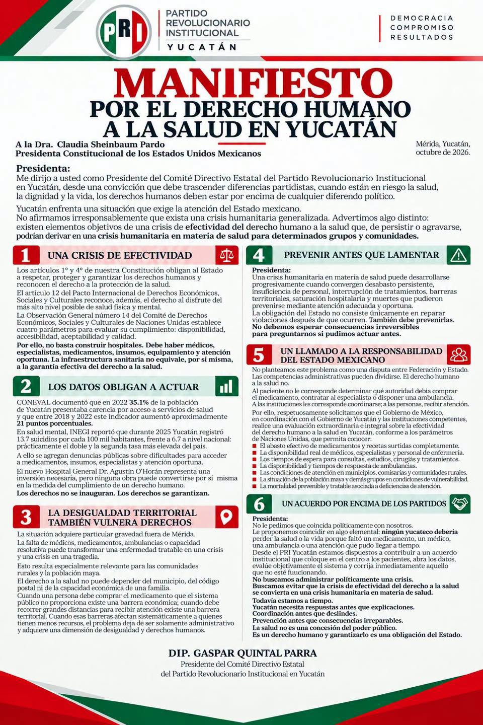 Imagen 1 de la publicación de Línea Abierta Yucatán: Gaspar Quintal pide evaluar el sistema de salud de Yucatán en manifiesto a Sheinbaum