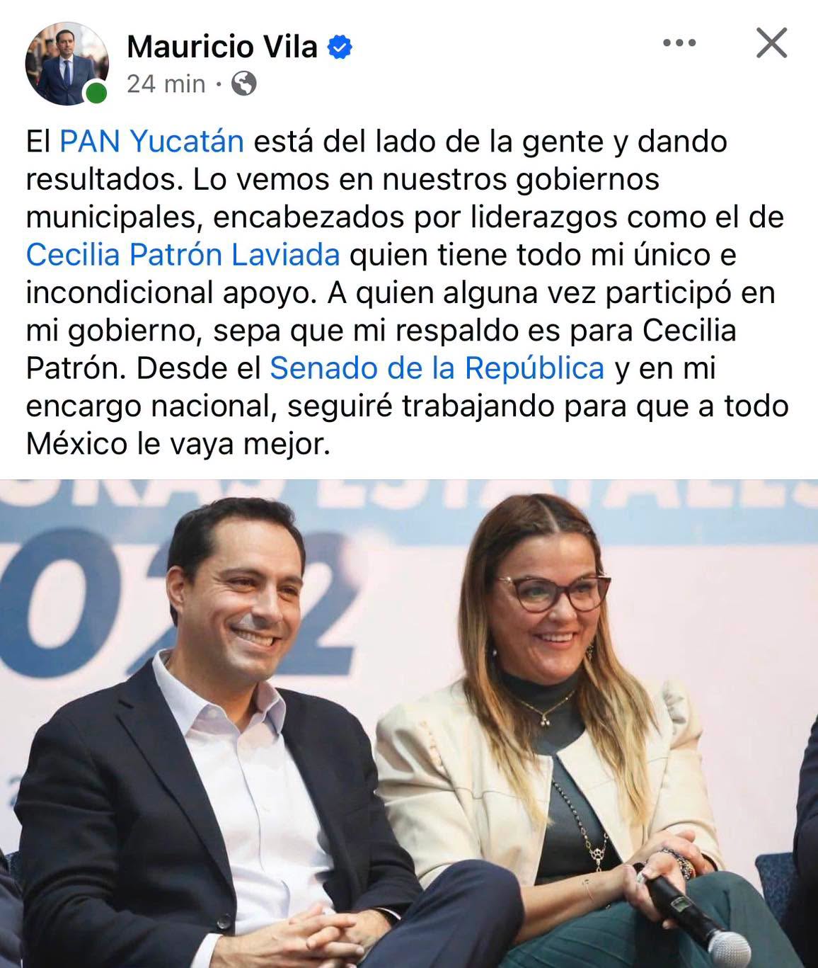 Imagen 1 de la publicación de Línea Abierta Yucatán: Mauricio Vila publica mensaje de apoyo a Cecilia Patrón ante el escenario de Liborio Vidal