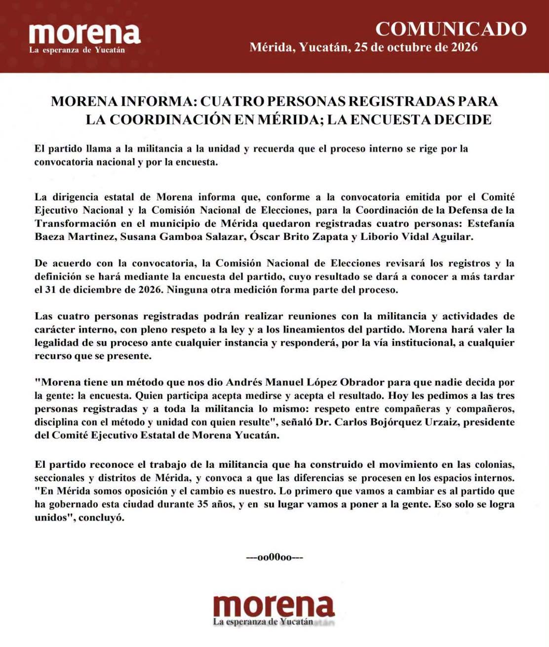 Imagen 1 de la publicación de Línea Abierta Yucatán: Morena informa: cuatro personas registradas para la coordinación en Mérida; la encuesta decide